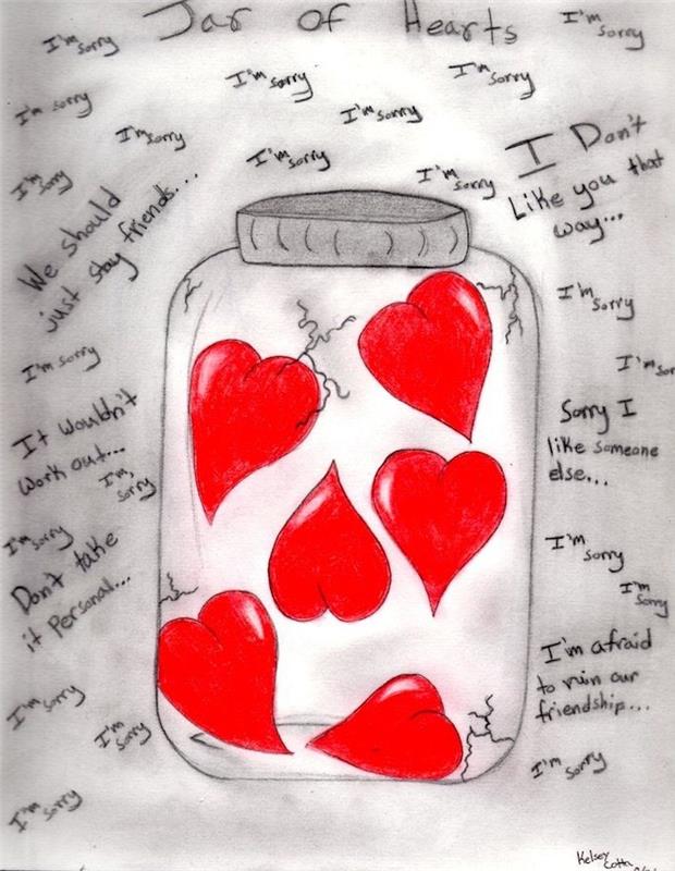 aşk çizimi, etrafında aşk hakkında küçük metinler olan bir kavanoza kapatılmış kırmızı kalpler fikri, sevgililer günü aşk resmi