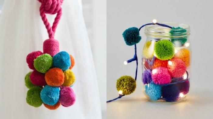 çeşitli renklerde yün topları ile el yapımı dekoratif obje örnekleri, ponpon çelenk ile hafif kavanoz