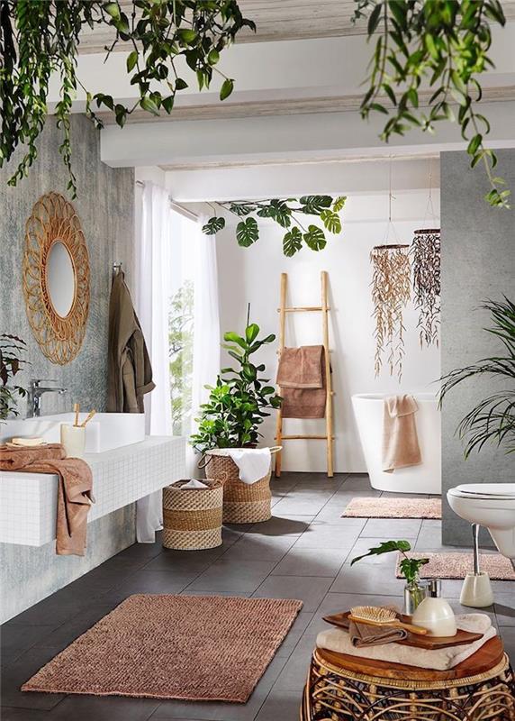 Merdiven ahşap banyo çıkartmaları, en güzel banyo duvar dekoru, banyoda yeşil bitki bohem dekoru