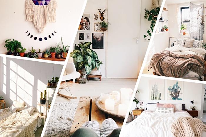 kako urediti spalnico z belimi stenami in lesenim pohištvom z zelenimi rastlinami in boemsko preprogo