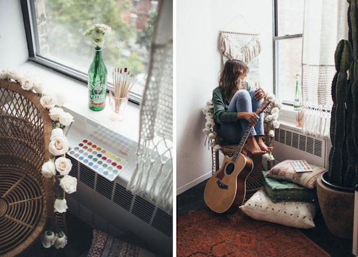 Modern yatak odası tasarımı şifonyer yatak bohem kadın yatak odası dekorasyonu gitar boyama ile