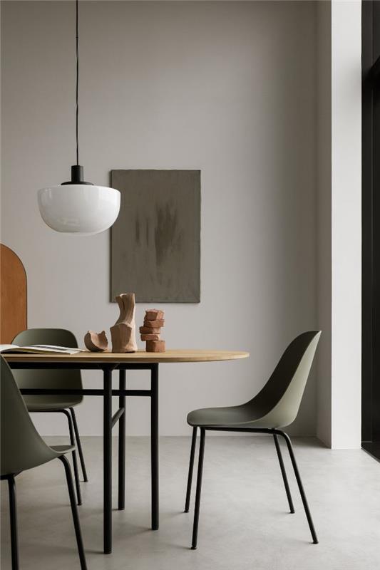 ahşap ve metal gri ve siyah metal masa ve sandalyeler beyaz duvarlar minimalist minimalist iç ahşap dekor