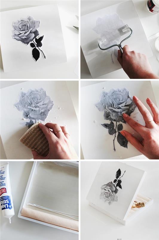 kako narediti škatlo za nakit za dekle s cvetličnim dizajnom, ustvarjalni hobi, vadnica za prenos fotografij na beli leseni škatli