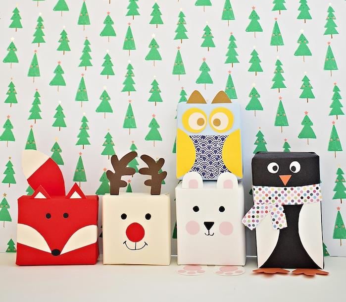 gyvūno, lapės, elnio, triušio, pingvino ir pelėdos kartono dovanų dėžutės pavyzdys, originali vaikų pakuotė