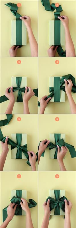dovanų paketo pamoka, idėja, kaip žingsnis po žingsnio surišti kaspino lanką ant viršaus, žalios dėžutės viršelio