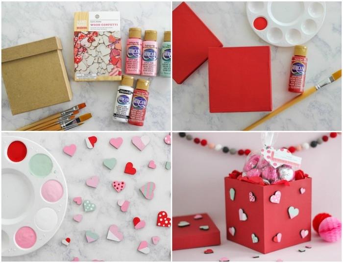 idėja apie kartoninę dėžutę, perdažytą raudona spalva ir papuoštą dekoratyvinėmis medinėmis širdelėmis su saldainiais, Valentino dienos dovana jai