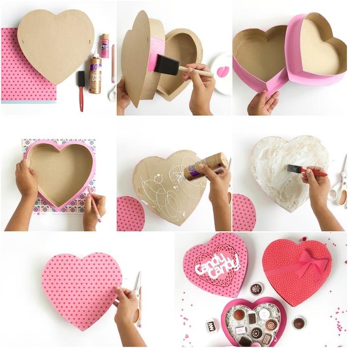 širdies formos saldainių dėžutė, papuošta rožiniu popieriumi ir šokoladiniais saldainiais, draugės dovanos idėja pasigaminti patiems