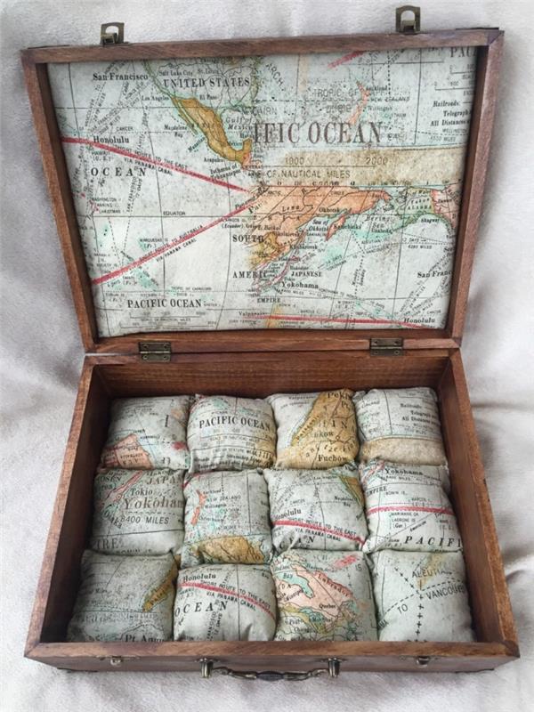 darilna ideja za ljubitelje potovanj, lesena škatla za nakit, narejena z lastnimi rokami, oblikovana s tkanino za oblikovanje zemljevidov sveta