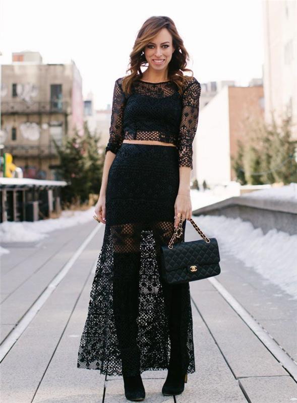 Cool črna dvodelna obleka ideja čipkasto stegno visoke obleke Chanel torbica