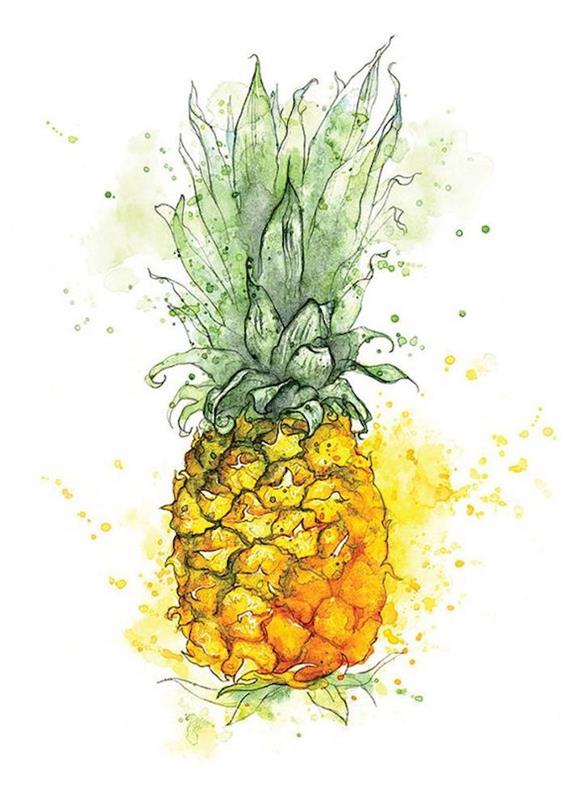 Lepa rumena in zelena ananasova akvarelna slika, kako izslediti sliko, zelo lepa risba