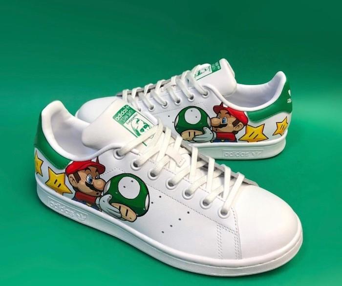 Prilagodljiv čevelj Super Mario in zelene gobe, adidasov navdih za osebno personalizacijo, par čevljev Stan smith z dizajnom mario