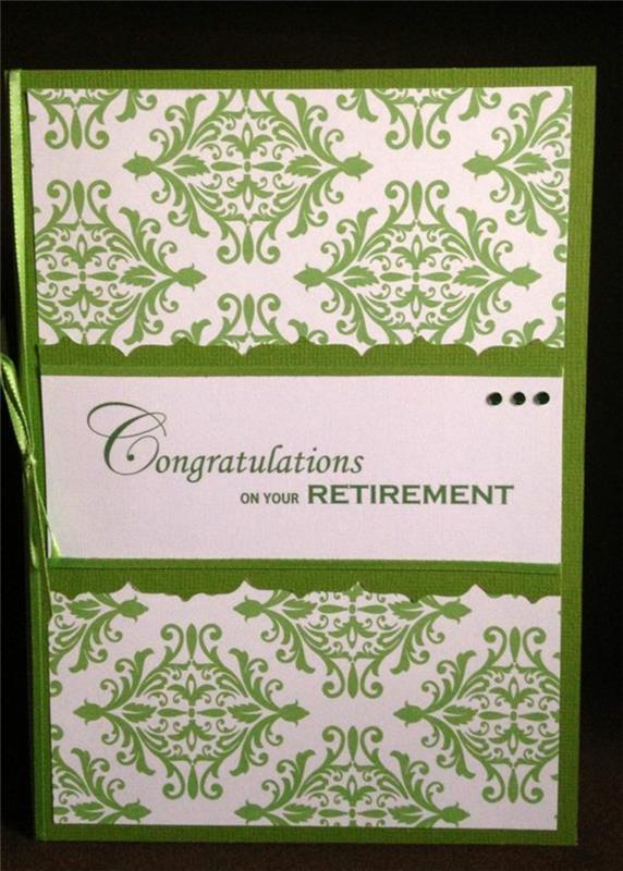 išėjimas į pensiją, išėjimo į pensiją laiškas, sveikinimai, sveikinimai, atvirutė balta ir žalia, su dekoratyviniais arabesko raštais