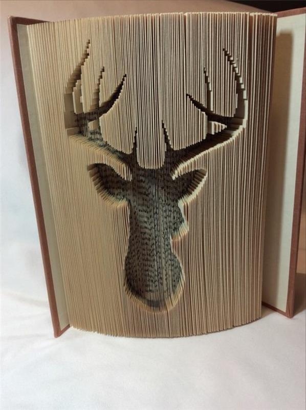 vzorci zlaganja knjig, napol odprta knjiga, s trdimi rjavimi platnicami, na straneh vklesano obliko losove glave