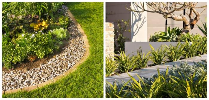 du sodo ribų variantai, akmeninio sodo siena, betoninė siena, gėlės ir žoliniai augalai