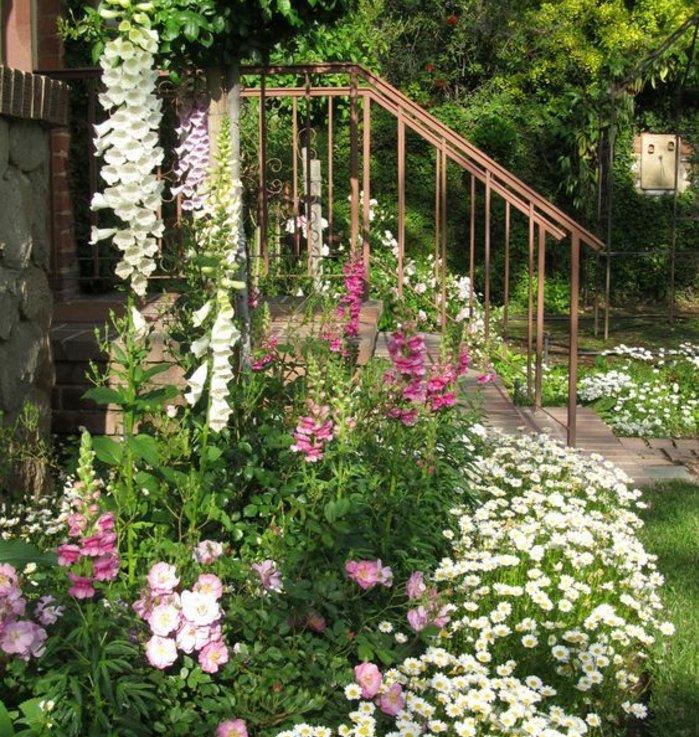 gėlių lovos kraštinės pasakos apie išorinę namo sieną, baltos ir rausvos gėlės, kaimiško namo sodo apželdinimas