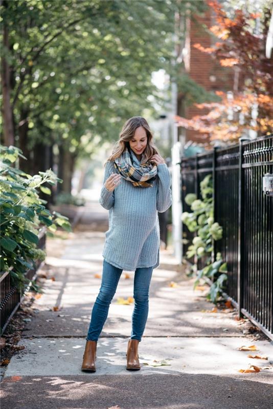 trendovski ženski modni dodatki jesen zima 2019, primer nosečniških kavbojk v kombinaciji s sivim puloverjem