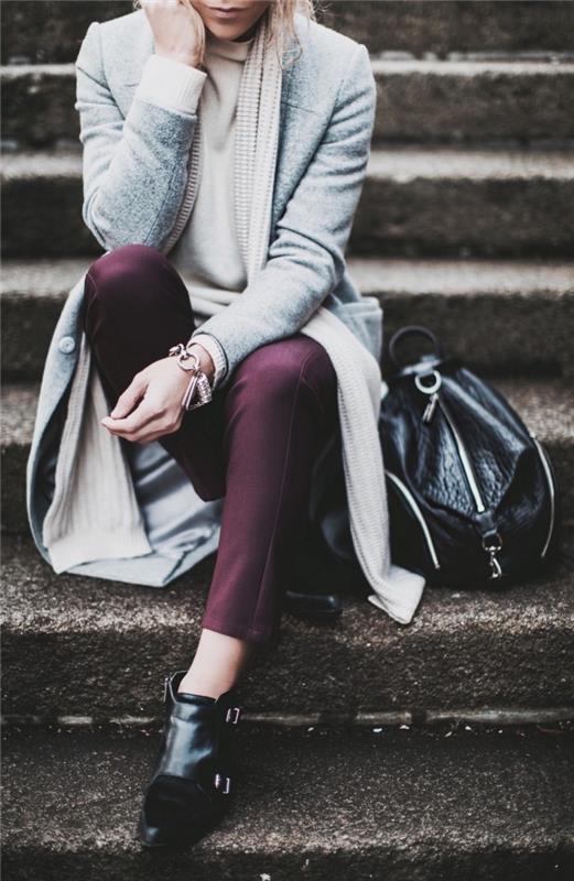 modaya uygun renklerde kadın kış kıyafeti fikri 2019, mor renkte ayak bileği uzunlukta pantolon modeli