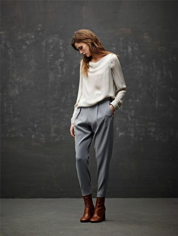 Udobna in elegantna tkanina za sodobno sivo -belo bluzo in hlače, ideja ženskih kariranih hlač, lepe karirane hlače za ženske
