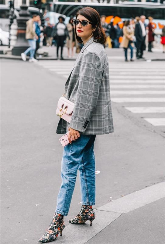 gležnjarji pete cvetlični vzorci prevelik blazer ženska siva barva karirani vzorci elegantna obleka ženska pastelno roza torba