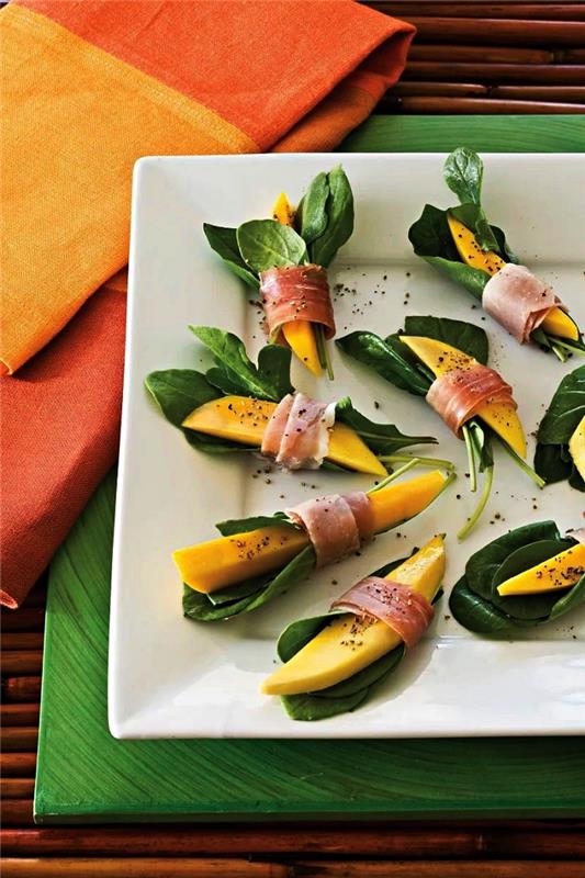 recept za zdravo predjed za enostaven aperitiv, mango in pršut z baziliko za lahek poletni aperitiv