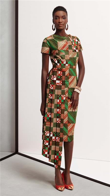 Model obleke do kolen iz afriške tkanine, ideja iz voščene zanke v oranžni in zeleni barvi, primer srednje dolge obleke s kratkimi rokavi