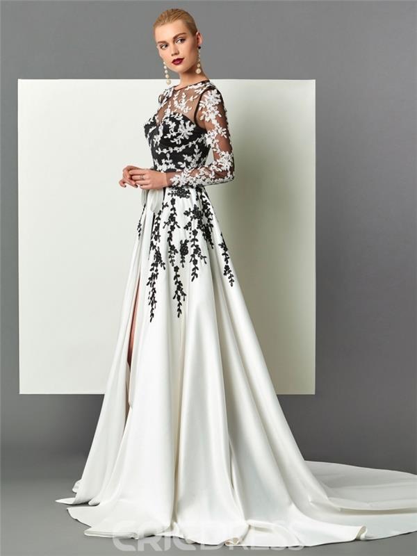 uzun kollu ve beyaz fırfırlı etekli siyah ve şeffaf kalp büstiyer üst ile düğün için uzun gece elbisesi