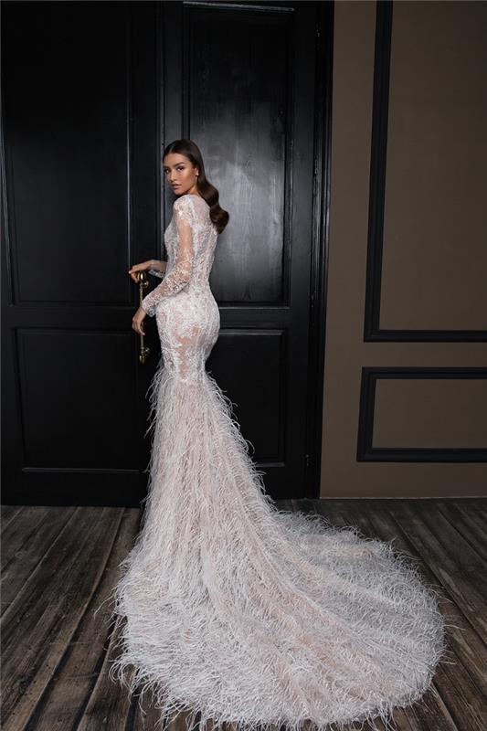 trende dantel ve tüy ile düğün için uzun gece elbisesi, düğün için trendy beyaz elbise 2018