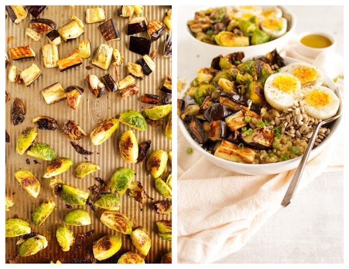 bitkisel protein ve yumurta tarifi, brüksel lahanası, ayçiçeği çekirdeği ve kinoa, buda kase stili, akşam yemeği tarifi