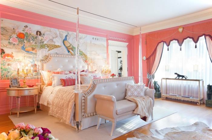 ideja za slikanje spalnice, tapete z vzorcem pava, roza stene, beli strop, bež preproga, okrogla nočna omarica
