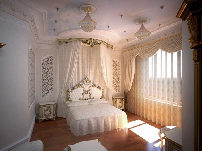 eleganten deželni dekor, bela nočna omarica z zlatimi obrisi, postelja z baldahinom, kristalni lestenec