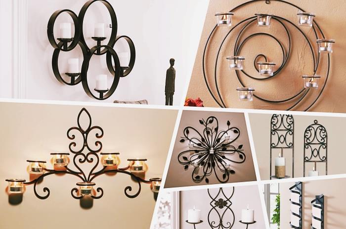 interjero dizainas ir apdaila metaliniais daiktais, metalo dizaino sienų apdaila apskritimų pavidalu geležiniai žvakidės