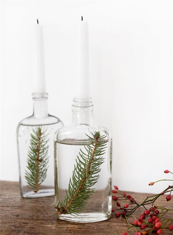 „Pasidaryk pats“ žvakidė stiklo indo pavidalu, papuošta eglės šakele, lengva Kalėdų dekoravimo idėja