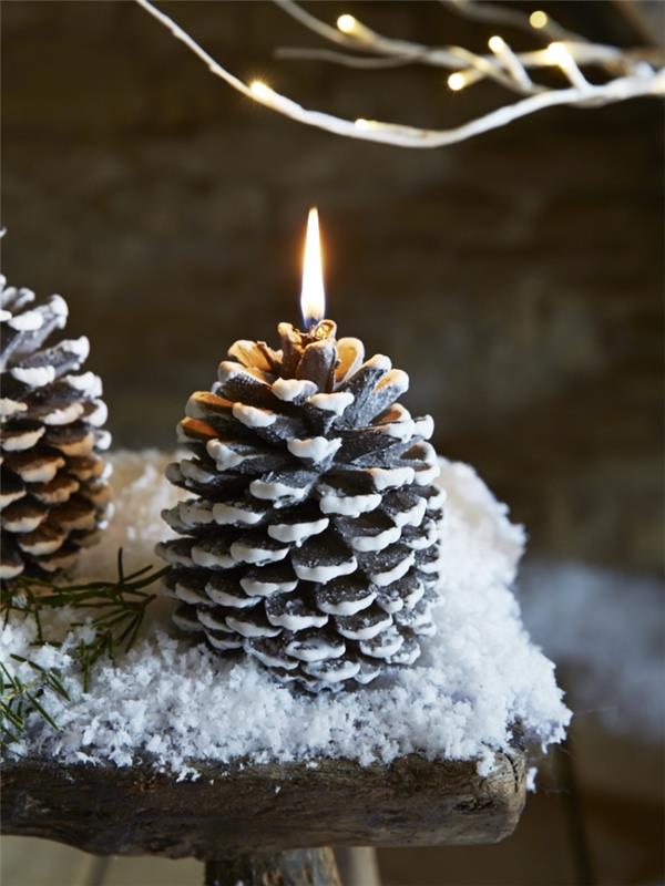 kolay çam kozalağı süsleme örneği, çam kozalağını muma dönüştürme, el yapımı Noel dekorasyonu