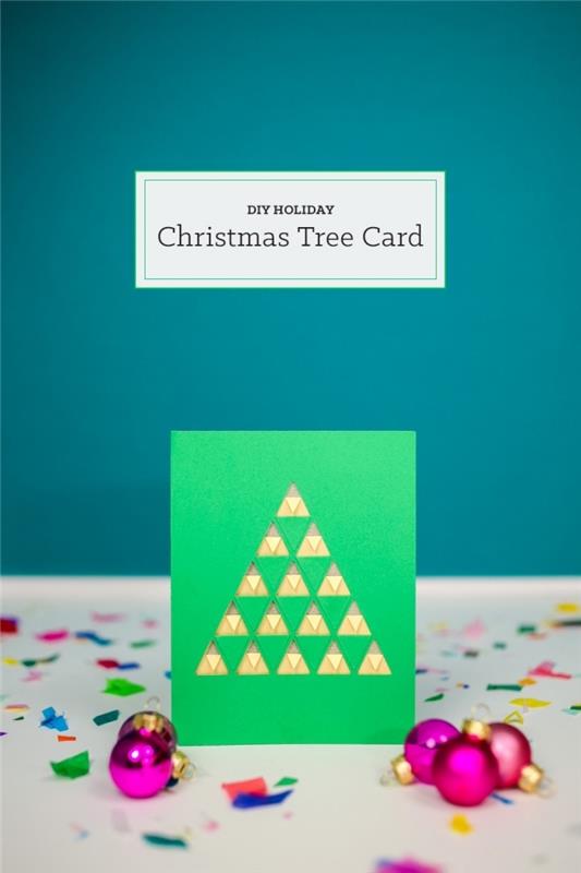 Renkli kağıttan Noel kartı, kağıtla kolay kendin yap Noel kartı, kesilmiş ağaçlı tebrik kartı şablonu