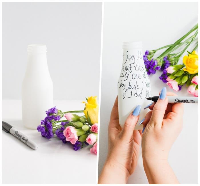 baltas vazos butelis, dekoruotas įkvepiančiu raštu, pavasarinių gėlių puokštė, centre