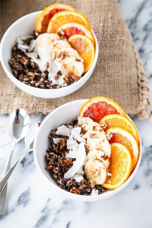 idealių pusryčių žiemai idėja, paguodžiantis quinoa košės receptas su vanile, cinamonu ir citrusiniais vaisiais