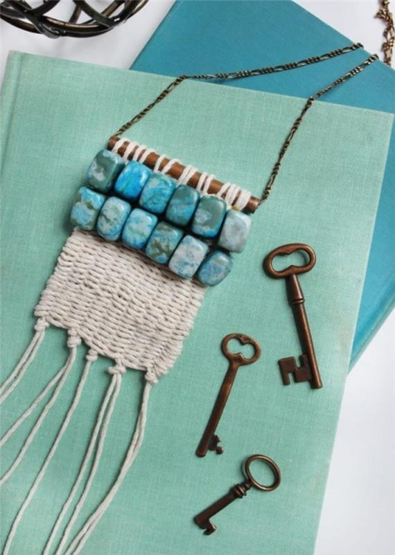 tehnični makrame, etnična ogrlica, turkizni kamenčki, stari ključ, vozel makrame