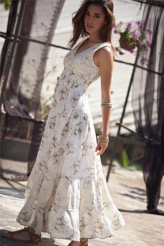 kovinski trak v-izrez dolga bela tekoča obleka cvetlični vzorci boho elegantna obleka poletna ženska oblačila rjave ravne sandale