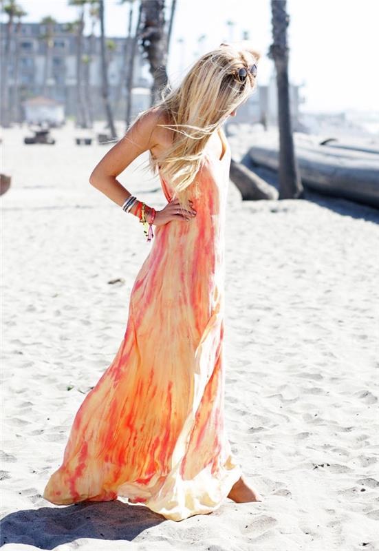 ideja, kako nositi dolgo obleko za na plažo z dodatki boho chic, model obleke ombré v rumeni in oranžni barvi