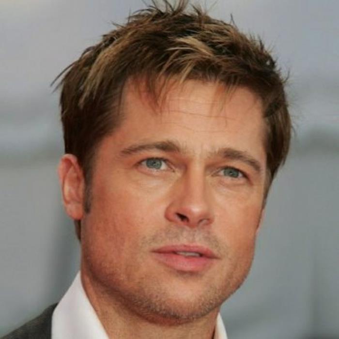 dağınık kısa saç kesimi, esmer saçlı, sarışın vurgulu, brad pitt tarafından giyilen, yakından görüldü