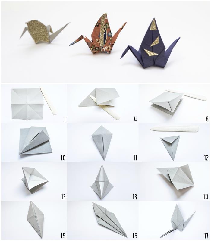 kolay kuş origami öğreticisi, kostüm takıları için kendi tılsımlarınızı yapmak için üç kağıt vinç modeli