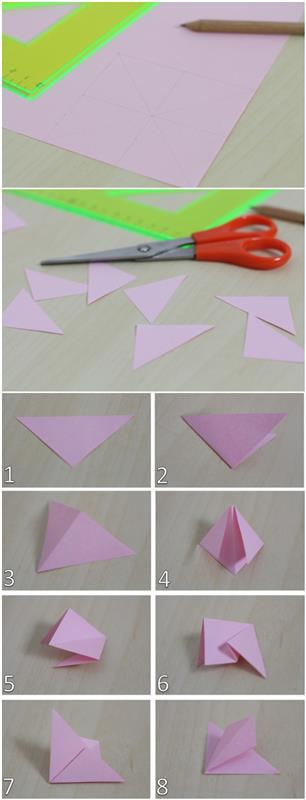 lengvas popieriaus lankstymas origami gėlei padaryti, originali asmeninė sveikinimo atvirutė su popierine gėle