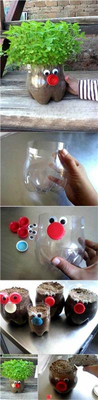 Plastik şişe ile DIY, saksıda geri dönüştürülmüş su şişesi