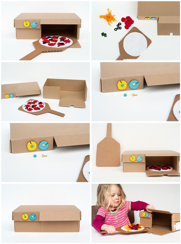 çocuklarla eğlenmek için birincil manuel aktivite, oyun oynamak için ayakkabı kutusu pizza fırını