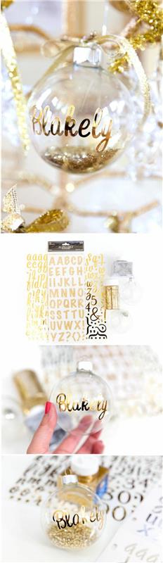 Kalėdų puošmena palengvins permatomą stiklo rutulį su užrašais auksinėmis raidėmis medžiui
