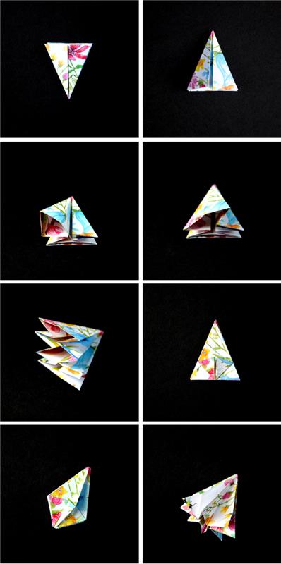 renkli desenlerle değerli taşlar yapmak için küçük origami katlama projesi, Noel partisi için DIY origami