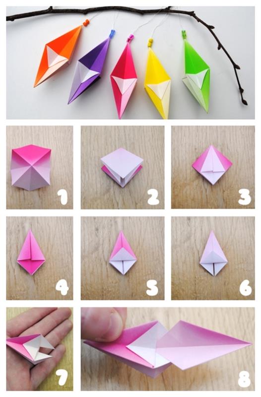 geometriniai origami modeliai, pagaminti iš įvairių spalvų popieriaus, kalėdiniai origami papuošalai pakabinami ant medžio ar ant dekoratyvinės šakos