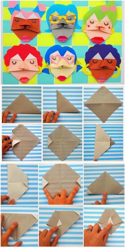 çeşitli karakterlerin orijinal yüzlerine dönüştürülmüş kağıt sayfaları olan çocuklar için kolay bir origami DIY