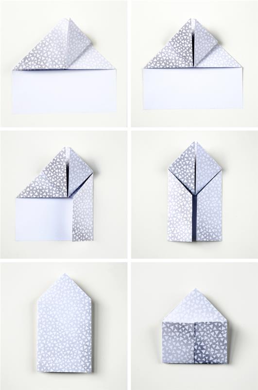 origami kalpleri şeklinde gümüş baskılı kağıtta mini kutular, origami kalpleri yapmak için kağıt katlama adımları