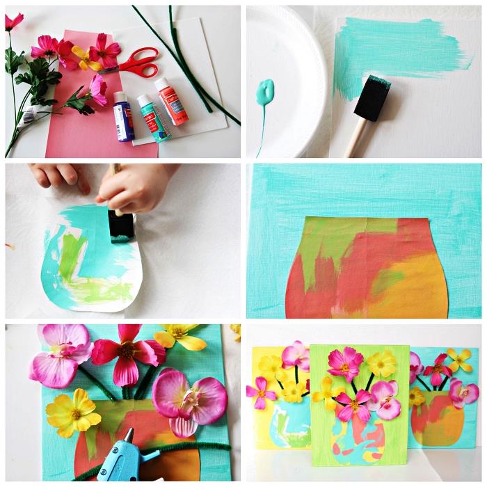 3 boyutlu vazo ve çiçeklerle anaokulu anneler günü kartı yapmak için kolay öğretici, anneler günü vesilesiyle çocuklar için kolay sanat fikri